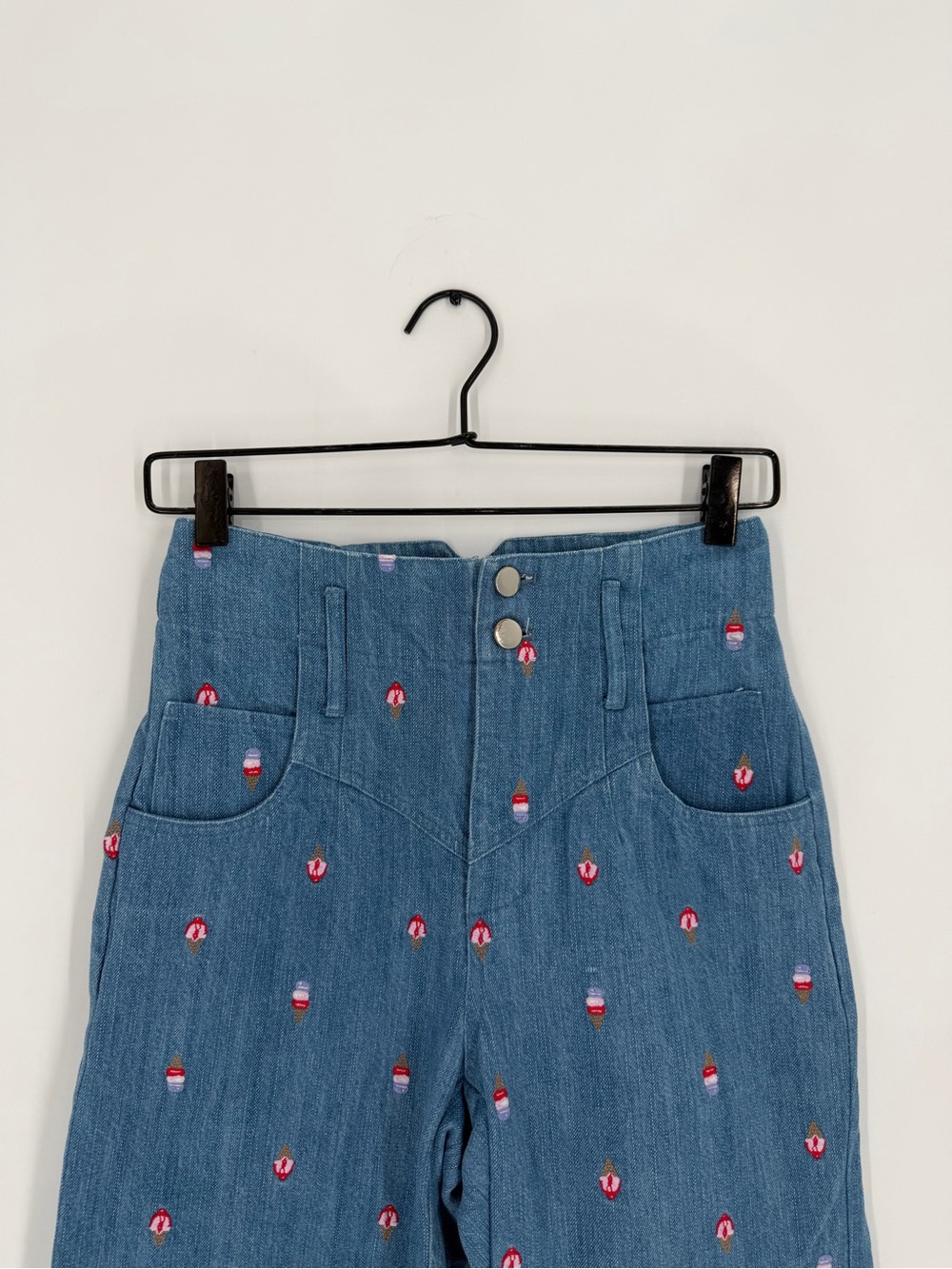 Fleur Du Mal Ice Cream Embroidered Wide Leg High Waisted Jeans